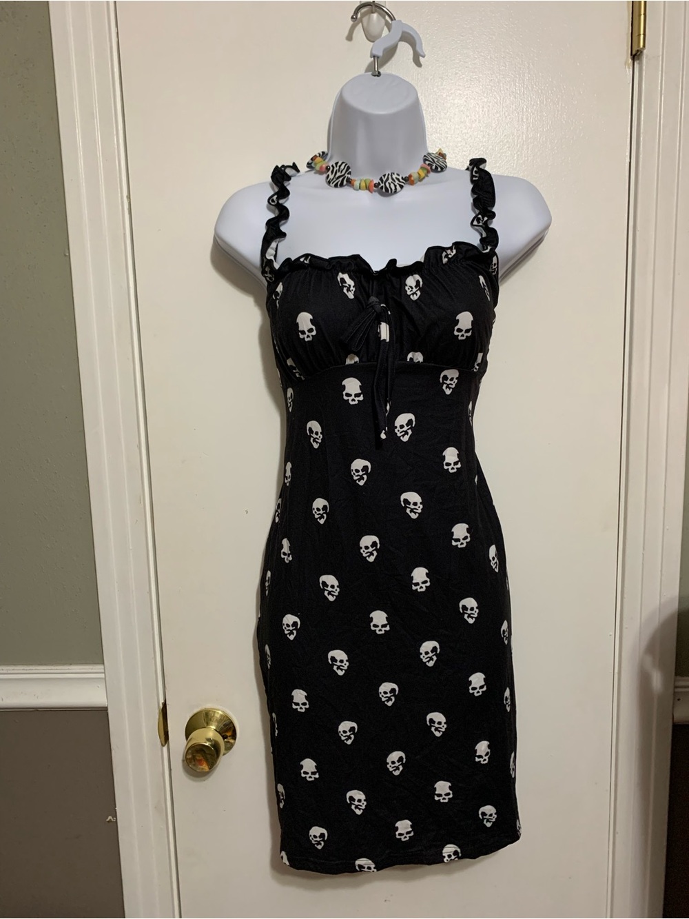 SHEIN Black & White Skull Print Ruffle Strap Goth Mini Dress XL